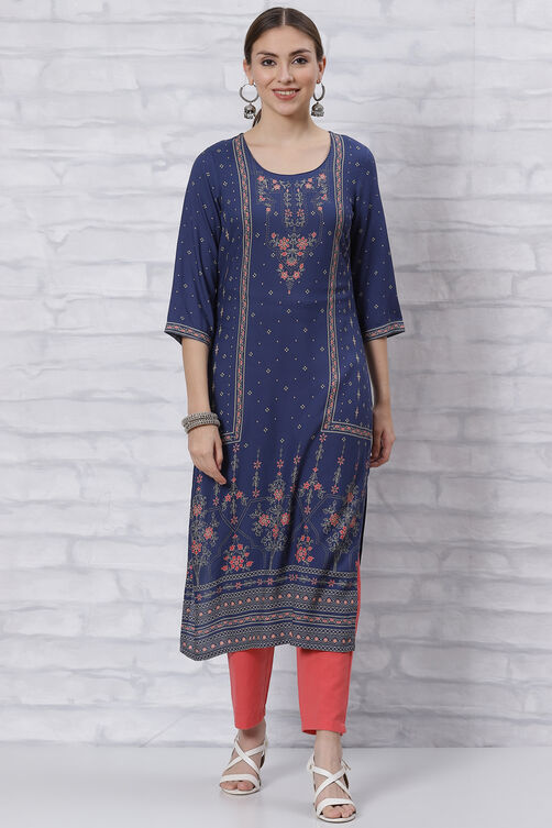 Indigo LIVA Straight Kurta image number 2